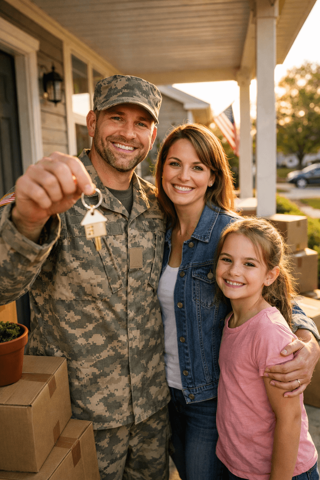 Veteran family celebrating moving into a new home